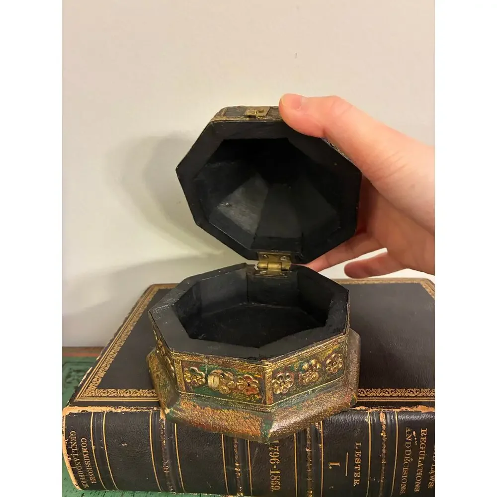 Vintage Hand Painted Octagonal Trinket Box - Embossed Brass Floral Jewelry Box